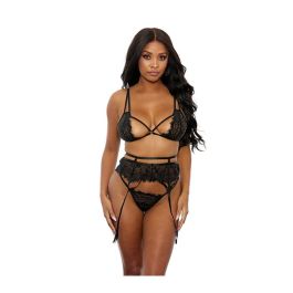 Eyelash Lace Bra, High Waist Garter Belt & G-String Black